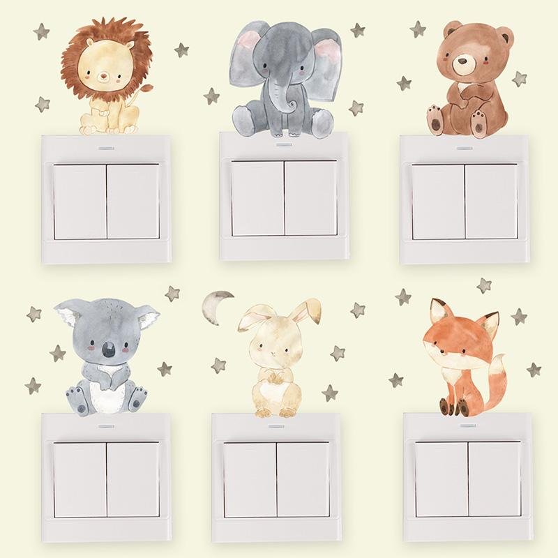 6pcs/sheet Cute Cartoon Painted Elephant Bear Fox Switch Stickers, Flora Grossist, Barnrum