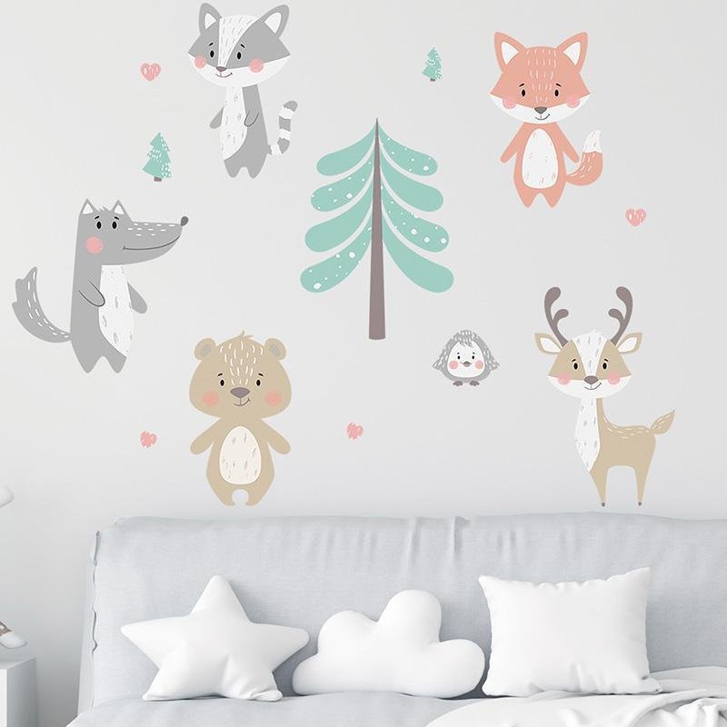 Cartoon Forest Animals Trees Bear Deer Fox Wall Stickers For Kids Room, Flora Grossist, Barnrum
