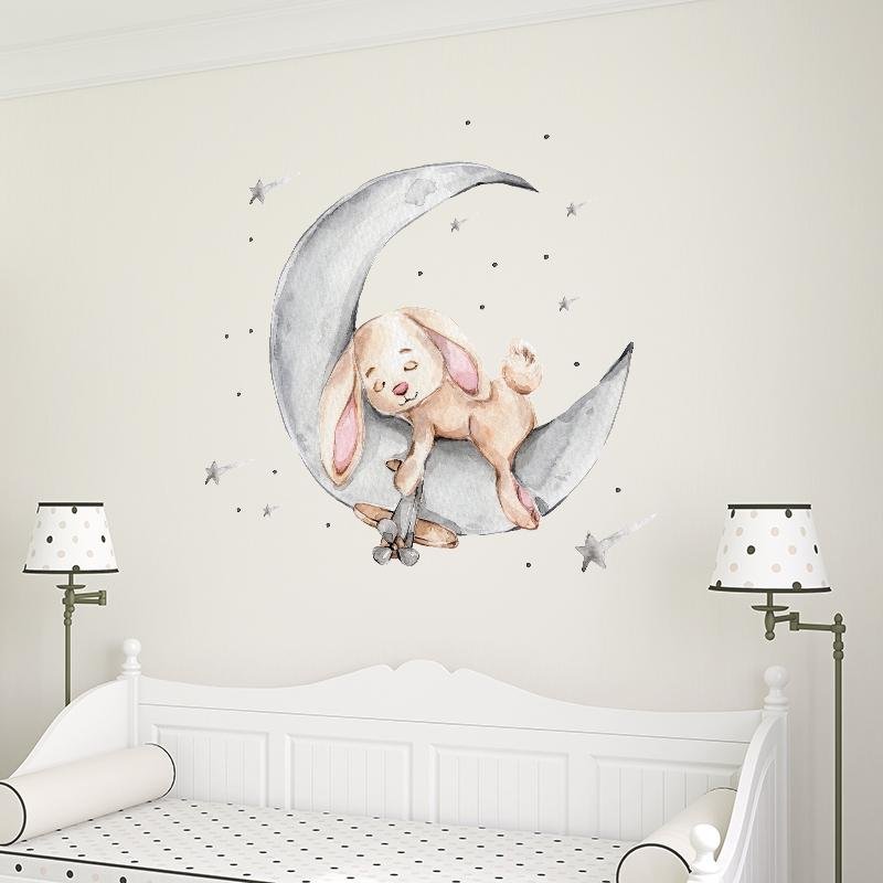 Cartoon Teddy Bear Sleeping On The Moon And Stars Wall Stickers, Flora Grossist, Barnrum