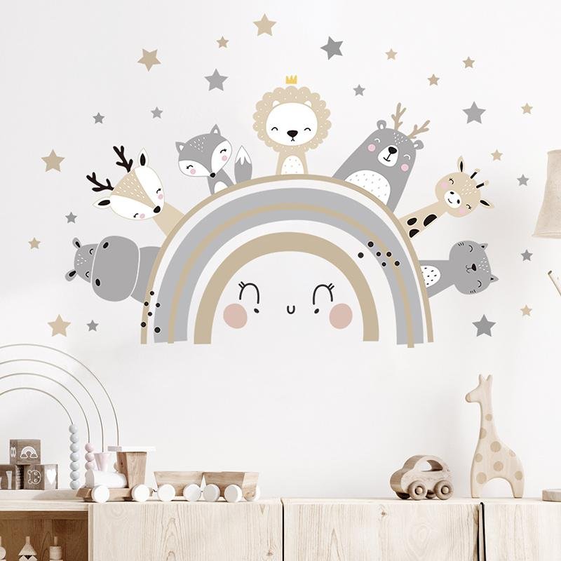 Nursery Wall Rainbow Animals Stickers, Flora Grossist, Barnrum