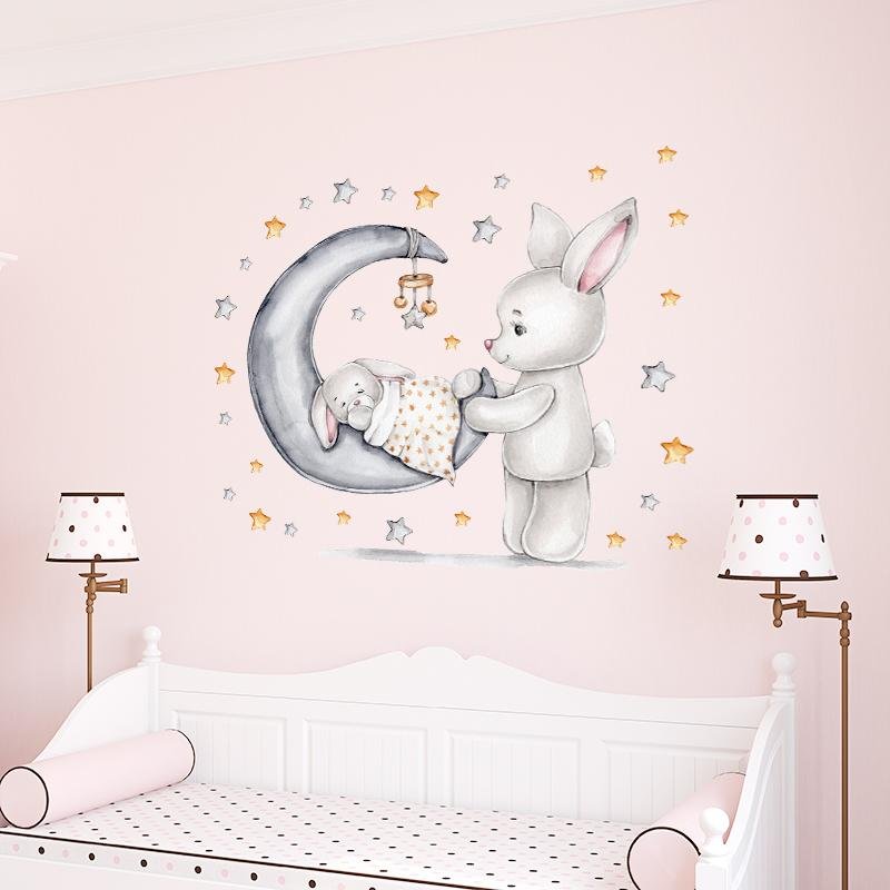 Baby Room Stickers Mom And Baby Rabbit Moon Stars Cute Pet Stickers, Flora Grossist, Barnrum