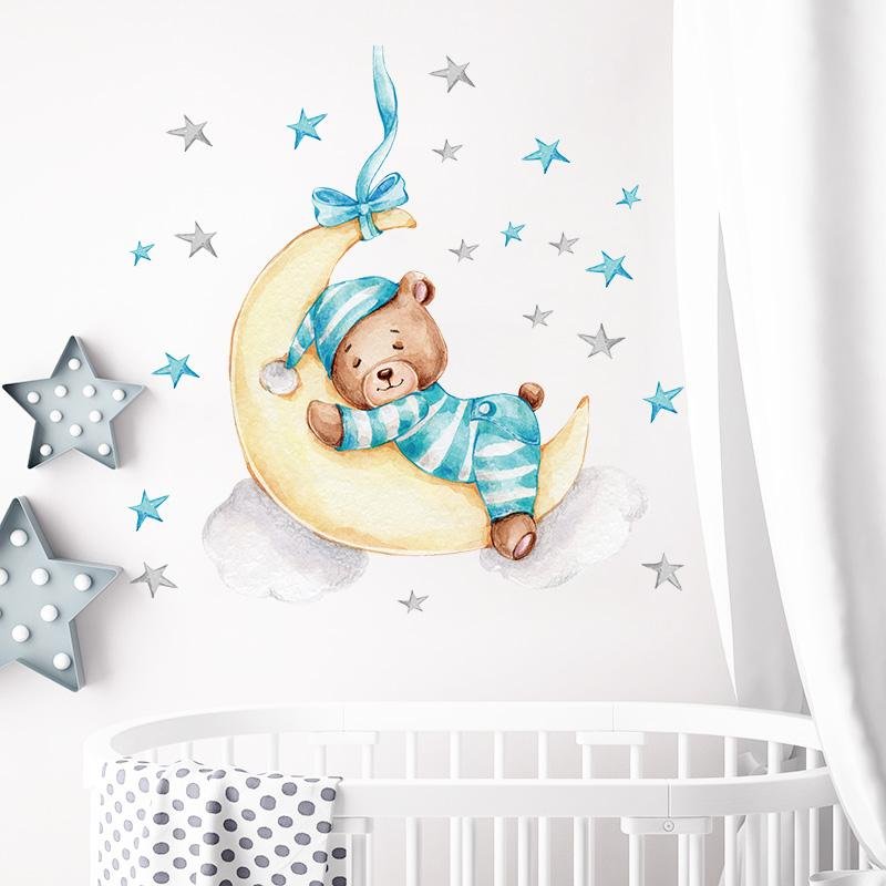 Cartoon Bear Sleeping On The Moon Star Wall Stickers, Flora Grossist, Barnrum