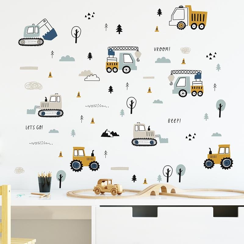 Cartoon Excavator Crane Dump Truck Tree Wall Stickers, Flora Grossist, Barnrum