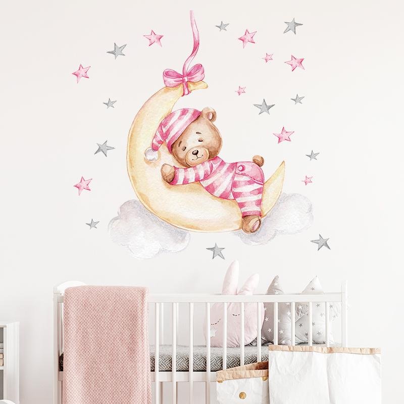 Pink Baby Bear Sleeping On The Moon Wall Decal, Flora Grossist, Barnrum