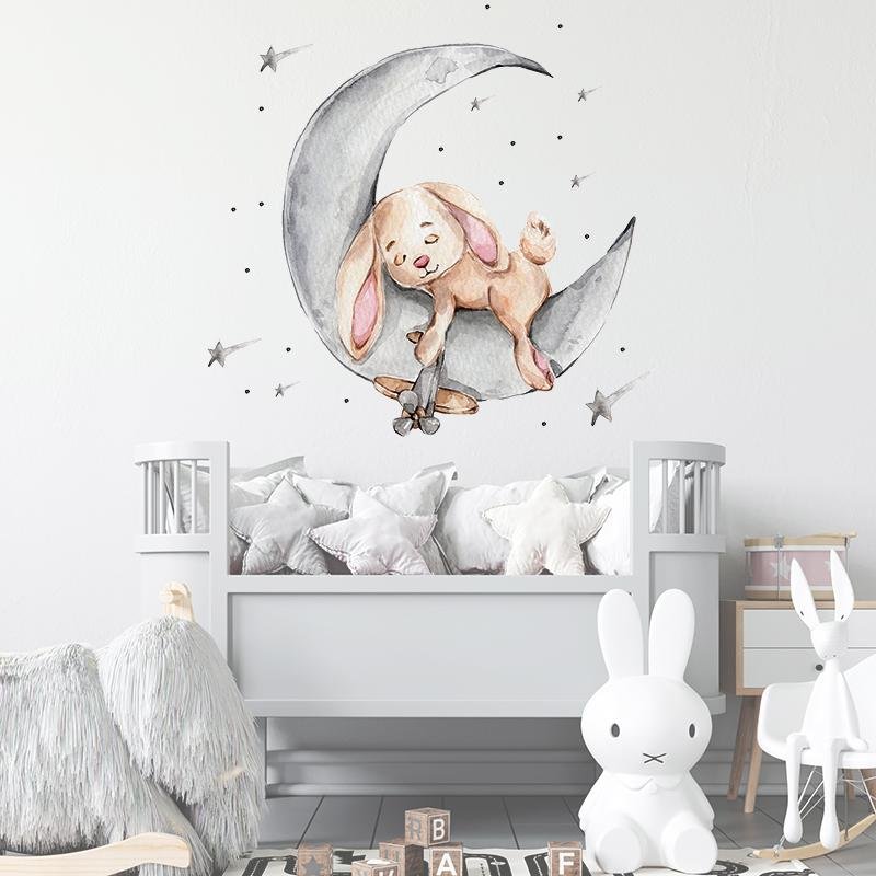 Cartoon Teddy Bear Sleeping On The Moon And Stars Wall Stickers, Flora Grossist, Barnrum