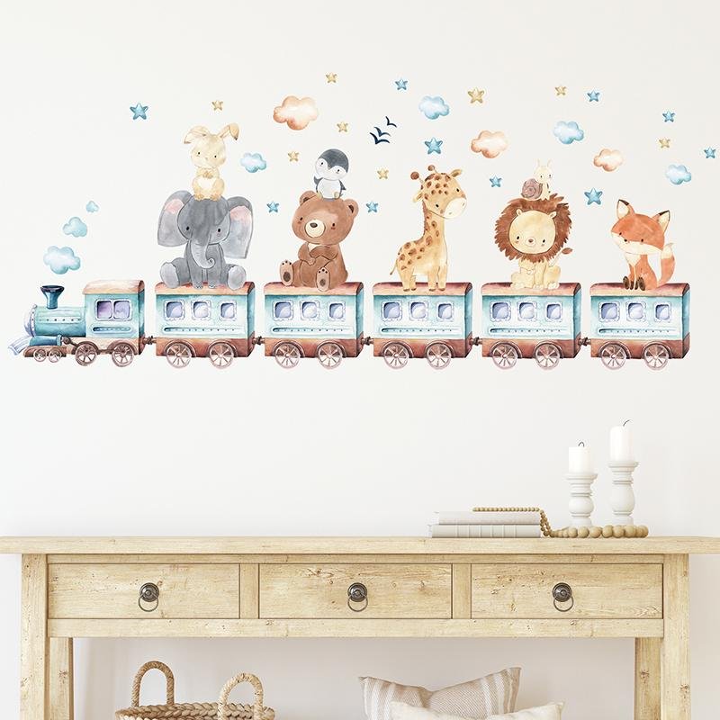 Cartoon Cute Animals Elephant Giraffe Train Wall Stickers, Flora Grossist, Barnrum