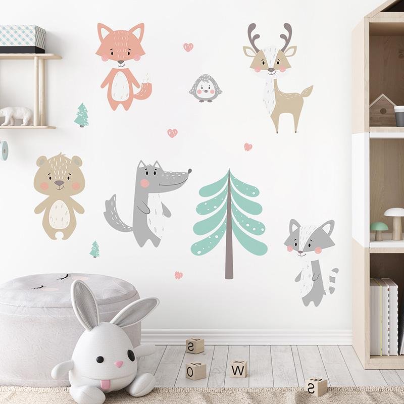 Cartoon Forest Animals Trees Bear Deer Fox Wall Stickers For Kids Room, Flora Grossist, Barnrum
