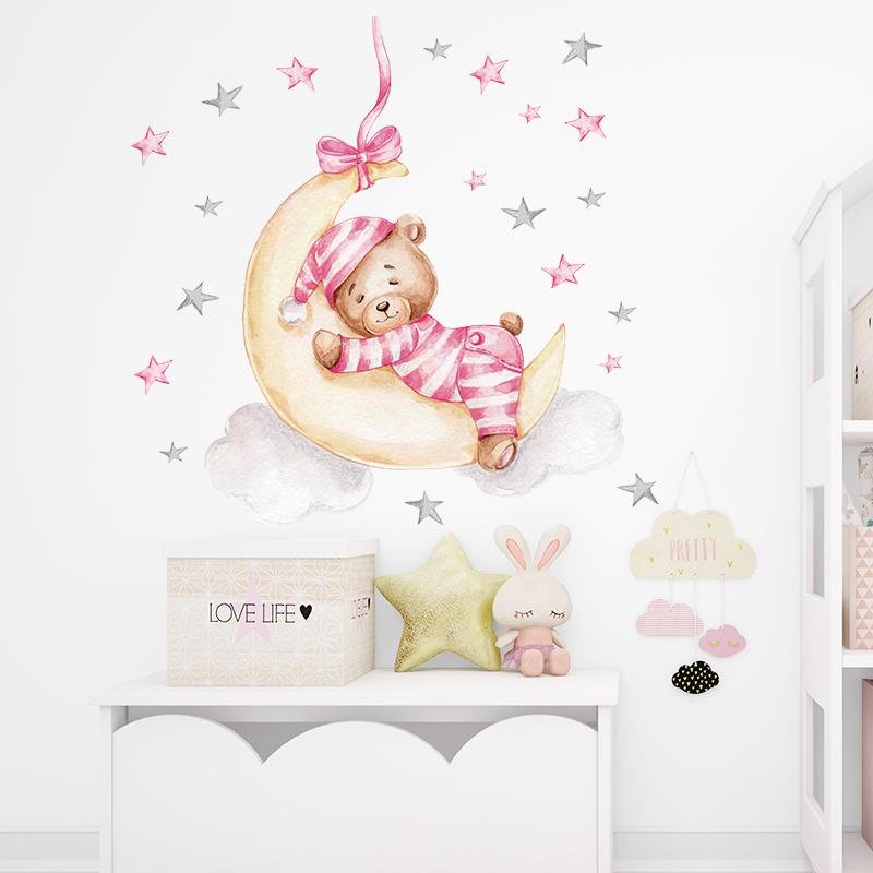 Pink Baby Bear Sleeping On The Moon Wall Decal, Flora Grossist, Barnrum