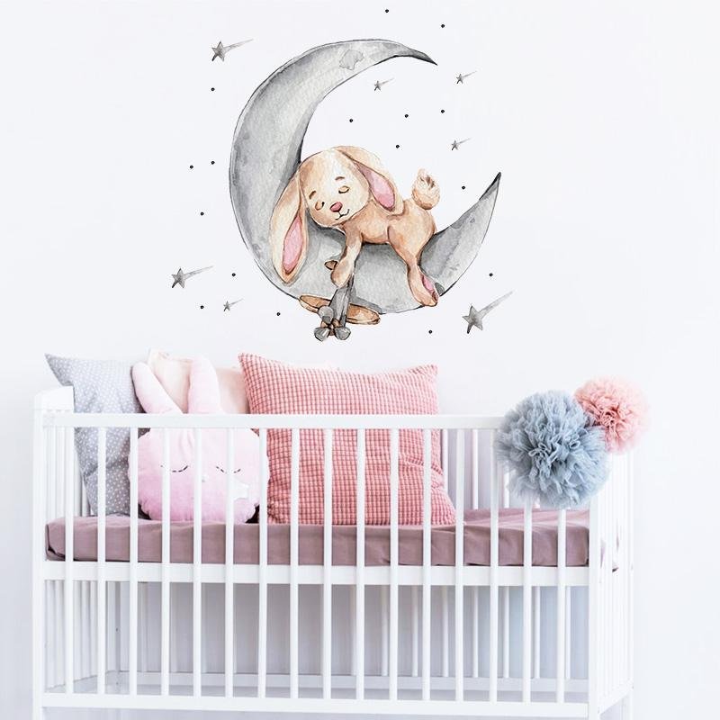 Cartoon Teddy Bear Sleeping On The Moon And Stars Wall Stickers, Flora Grossist, Barnrum