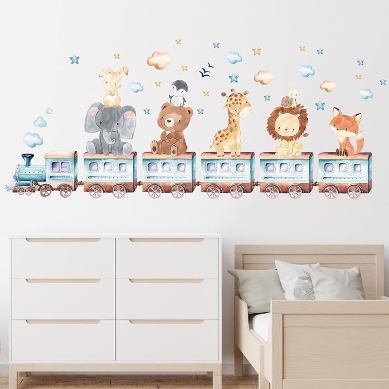 Cartoon Cute Animals Elephant Giraffe Train Wall Stickers, Flora Grossist, Barnrum