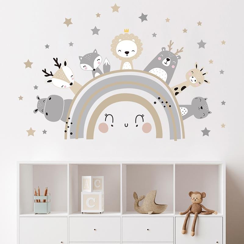 Nursery Wall Rainbow Animals Stickers, Flora Grossist, Barnrum