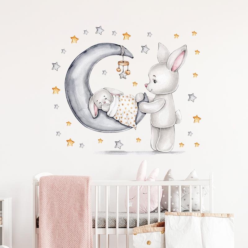 Baby Room Stickers Mom And Baby Rabbit Moon Stars Cute Pet Stickers, Flora Grossist, Barnrum