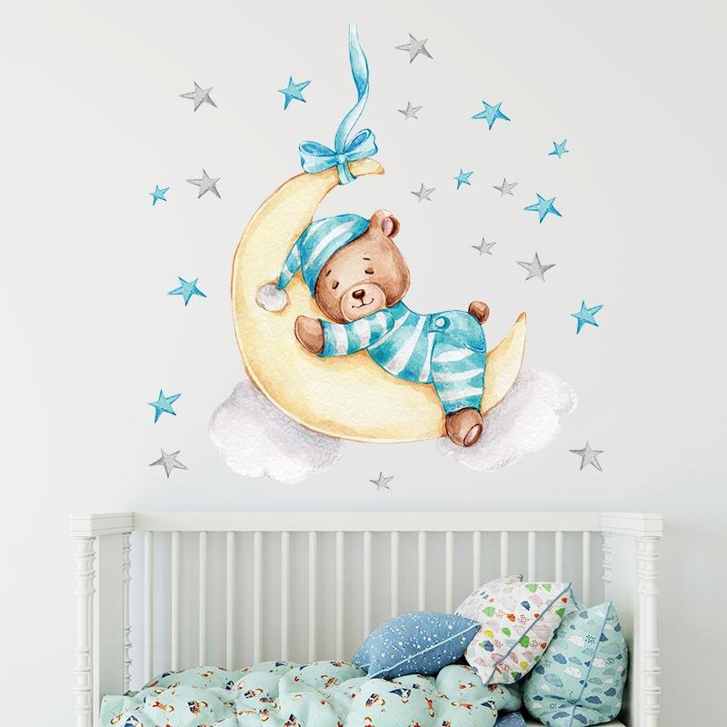 Cartoon Bear Sleeping On The Moon Star Wall Stickers, Flora Grossist, Barnrum