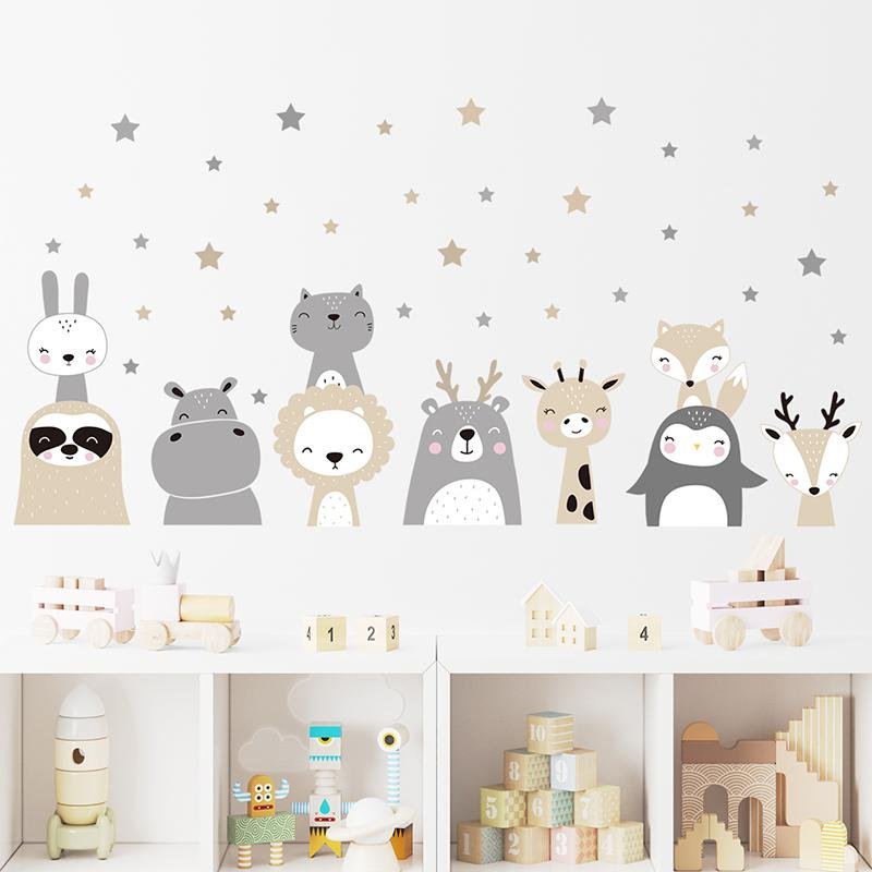 Cartoon Lion Bunny Wall Sticker Home Decor Animals Stars Wall Paper, Flora Grossist, Barnrum