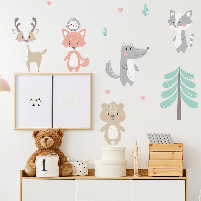 Cartoon Forest Animals Trees Bear Deer Fox Wall Stickers For Kids Room, Flora Grossist, Barnrum