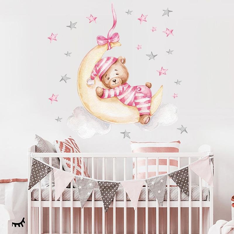 Pink Baby Bear Sleeping On The Moon Wall Decal, Flora Grossist, Barnrum