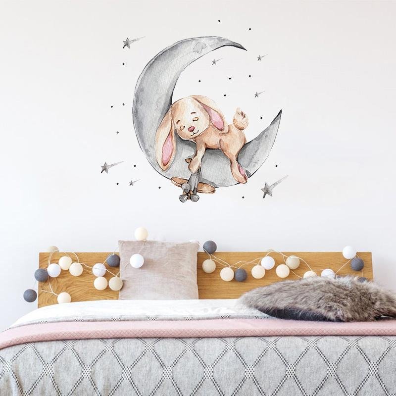 Cartoon Teddy Bear Sleeping On The Moon And Stars Wall Stickers, Flora Grossist, Barnrum