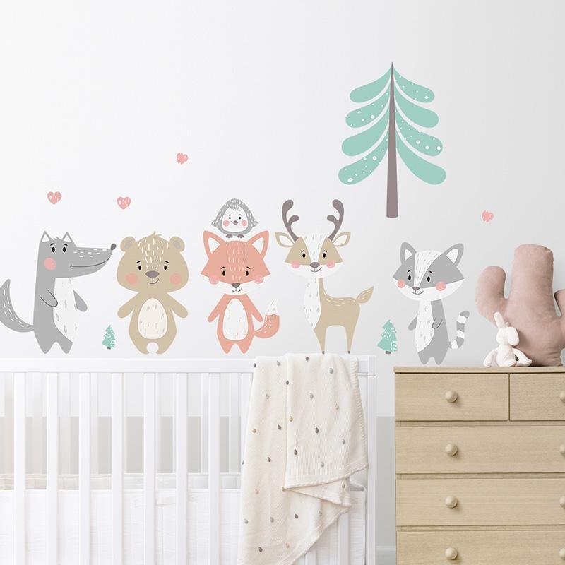 Cartoon Forest Animals Trees Bear Deer Fox Wall Stickers For Kids Room, Flora Grossist, Barnrum
