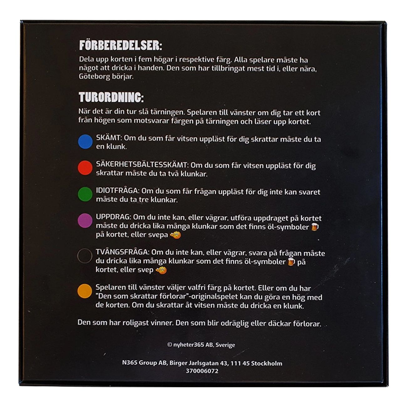 Den som skrattar förlorar - öl-spelet regler och baksida