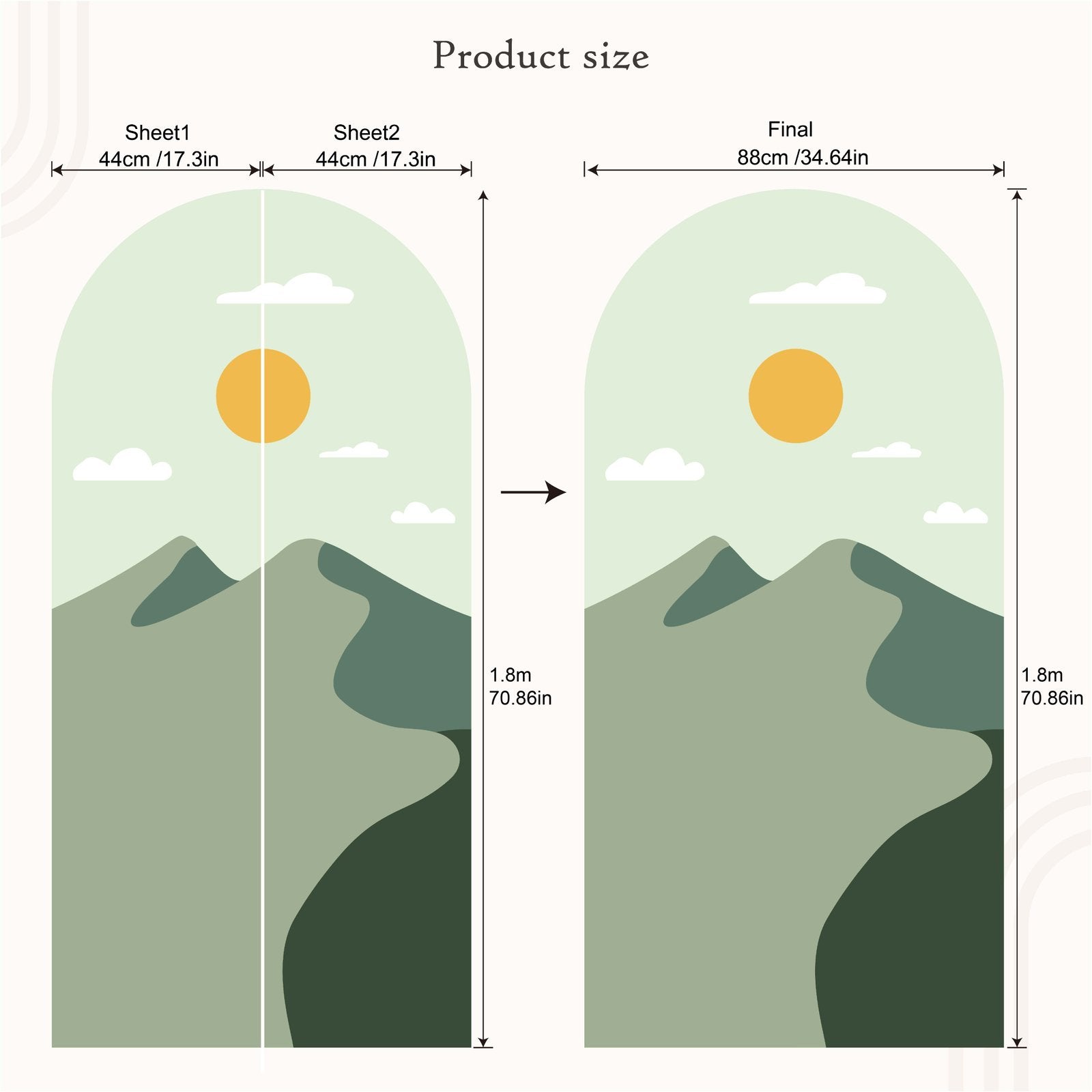 Simple Life Mountain Sunset Arch Decal Headboard Wall Sticker, Flora Grossist, väggdekoration