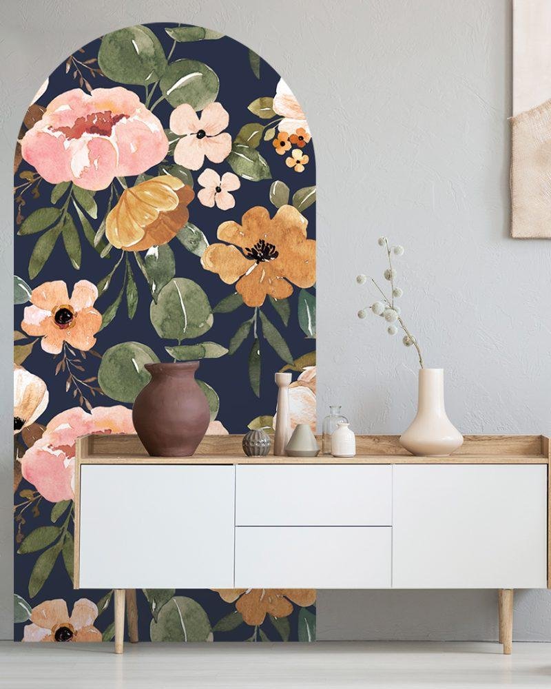 1 St Antik Svart Blomma Arch Dörrdekal Sängbord Väggdekal, Flora Grossist, väggdekoration