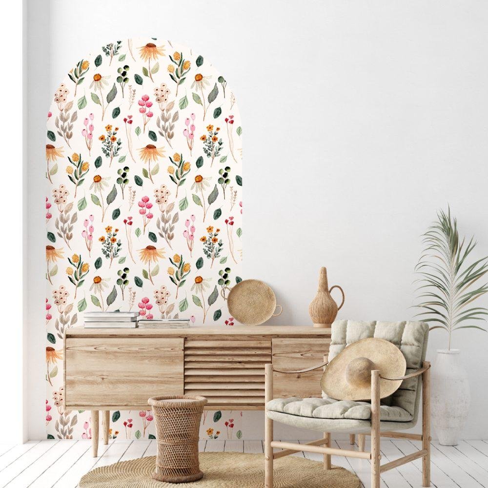 1 St Stor Väggdekal med Ljusgul Bakgrund och Blomstermotiv, Flora Grossist, väggdekoration