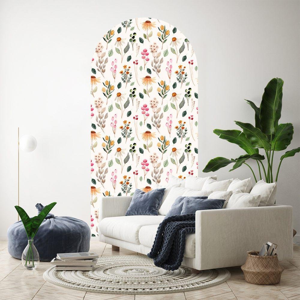 1 St Stor Väggdekal med Ljusgul Bakgrund och Blomstermotiv, Flora Grossist, väggdekoration