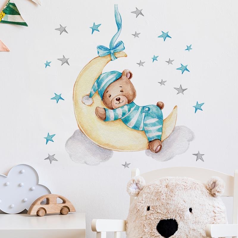 Cartoon Bear Sleeping On The Moon Star Wall Stickers, Flora Grossist, Barnrum