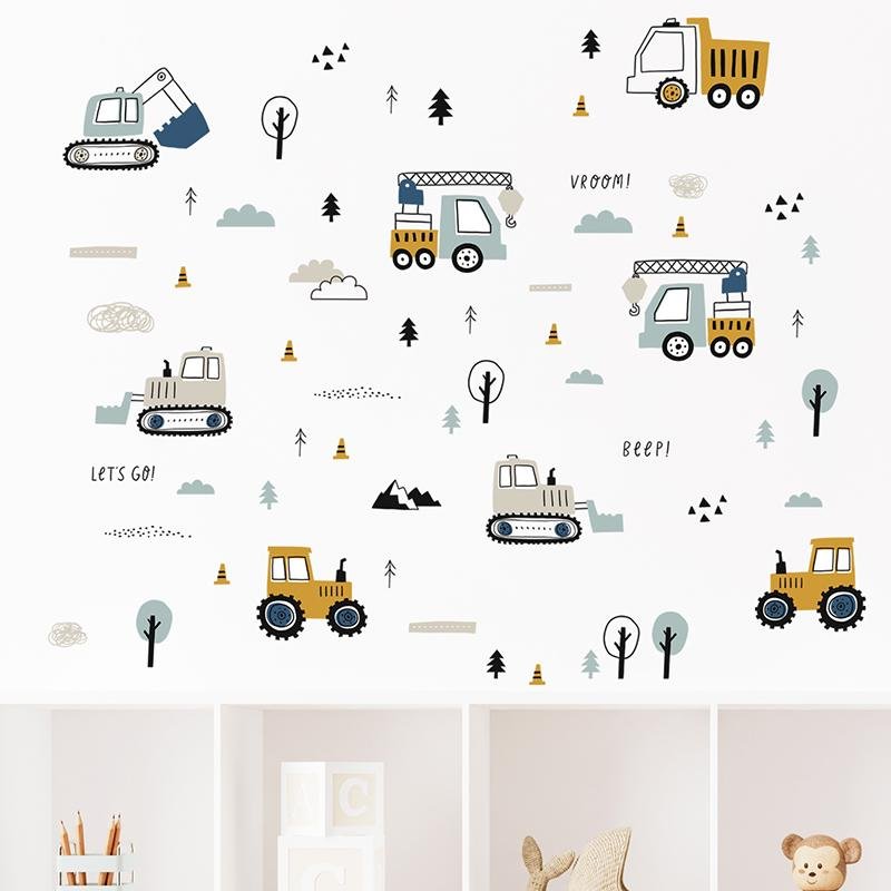 Cartoon Excavator Crane Dump Truck Tree Wall Stickers, Flora Grossist, Barnrum