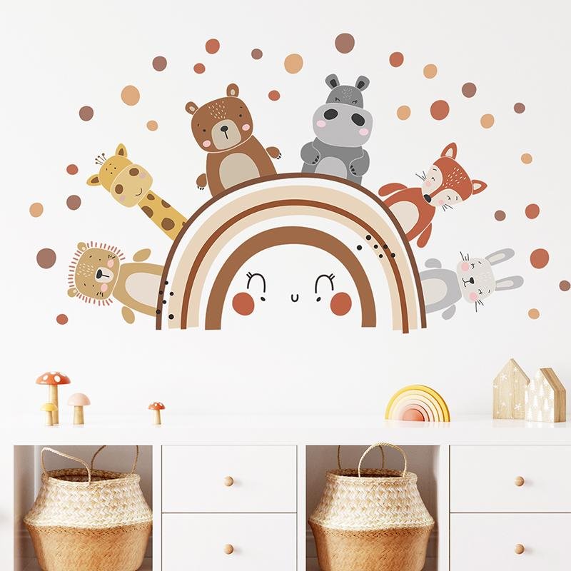 Boho Style Animals Rainbow Wall Decals Baby Room Decor Stickers, Flora Grossist, Barnrum