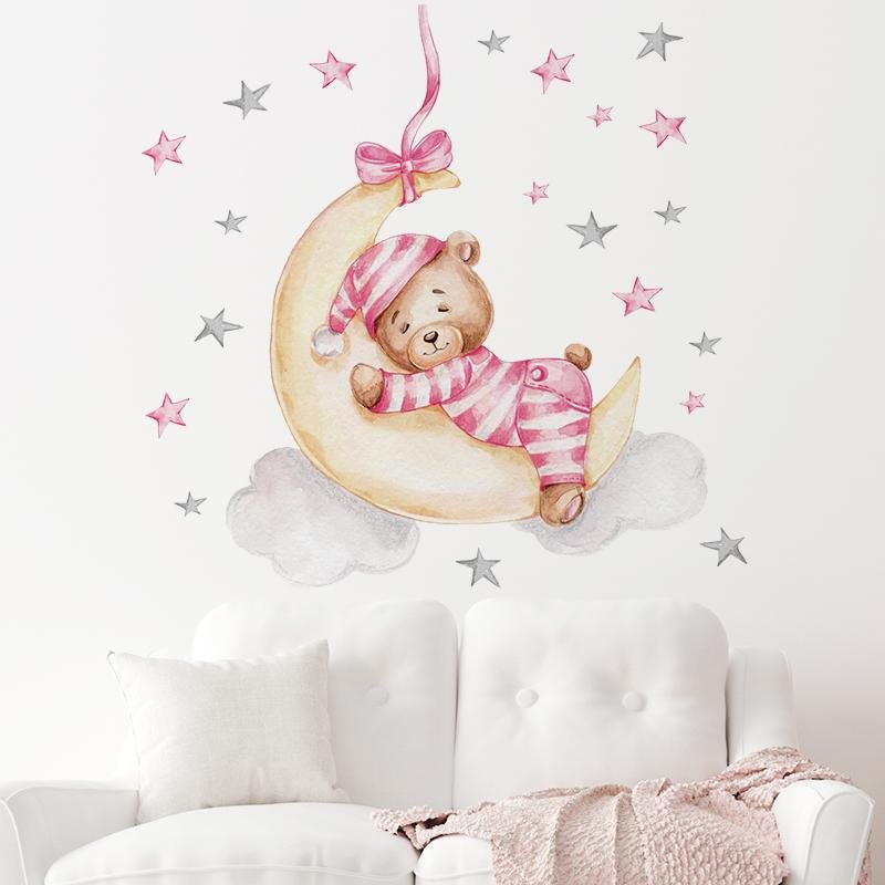 Pink Baby Bear Sleeping On The Moon Wall Decal, Flora Grossist, Barnrum