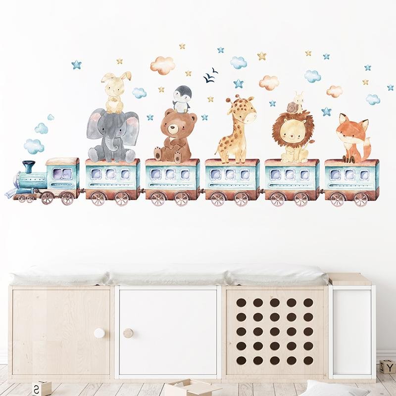 Cartoon Cute Animals Elephant Giraffe Train Wall Stickers, Flora Grossist, Barnrum