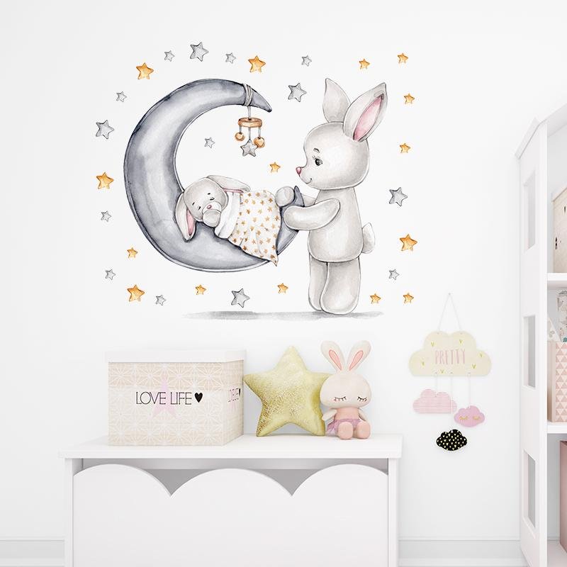 Baby Room Stickers Mom And Baby Rabbit Moon Stars Cute Pet Stickers, Flora Grossist, Barnrum