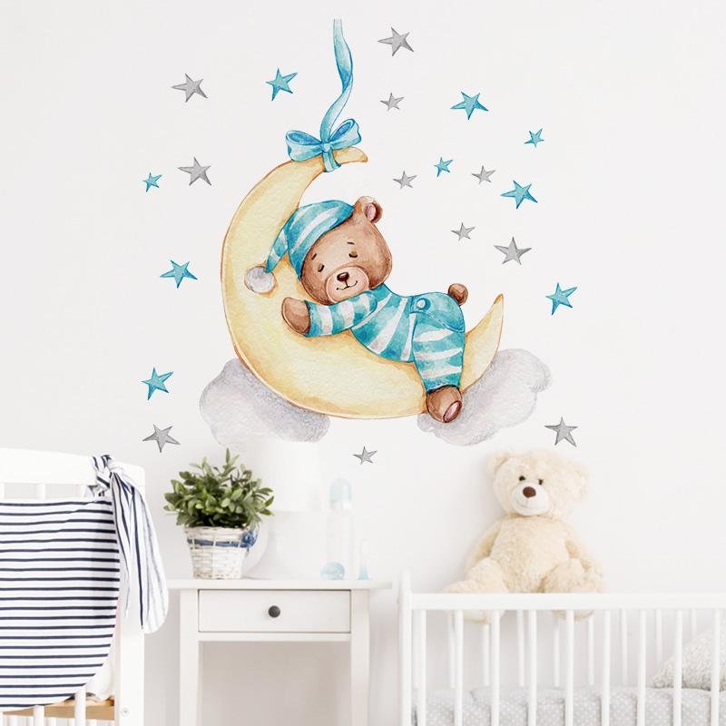 Cartoon Bear Sleeping On The Moon Star Wall Stickers, Flora Grossist, Barnrum