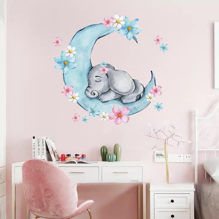 Akvarell Sovande Babyelefant på Månen Väggdekaler, Flora Grossist, Barnrum