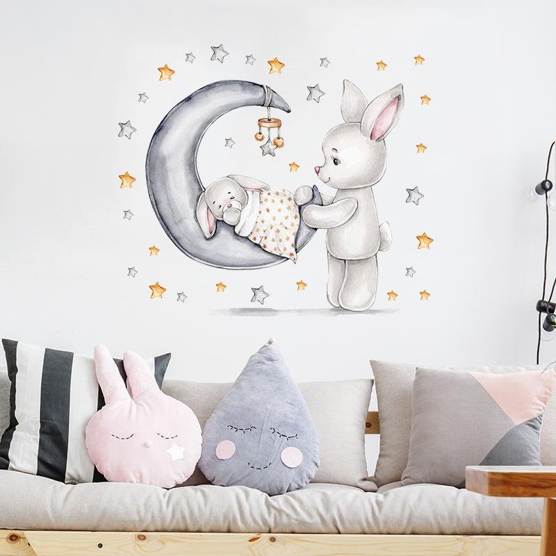 Baby Room Stickers Mom And Baby Rabbit Moon Stars Cute Pet Stickers, Flora Grossist, Barnrum