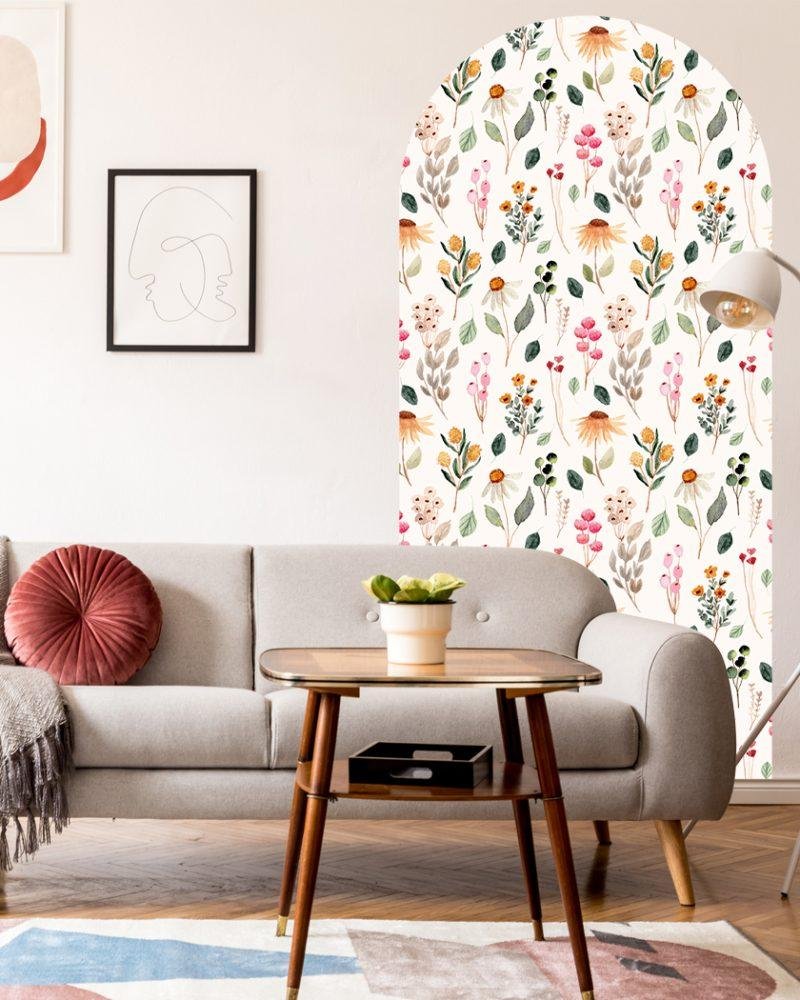 1 St Stor Väggdekal med Ljusgul Bakgrund och Blomstermotiv, Flora Grossist, väggdekoration