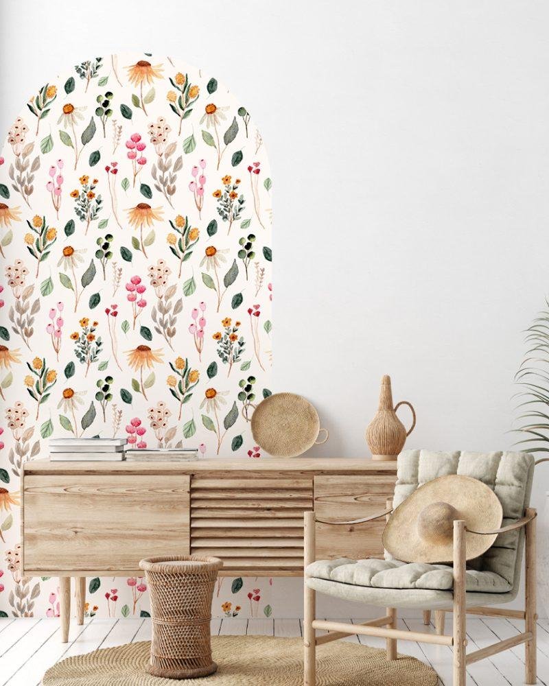 1 St Stor Väggdekal med Ljusgul Bakgrund och Blomstermotiv, Flora Grossist, väggdekoration