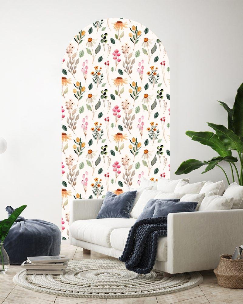 1 St Stor Väggdekal med Ljusgul Bakgrund och Blomstermotiv, Flora Grossist, väggdekoration